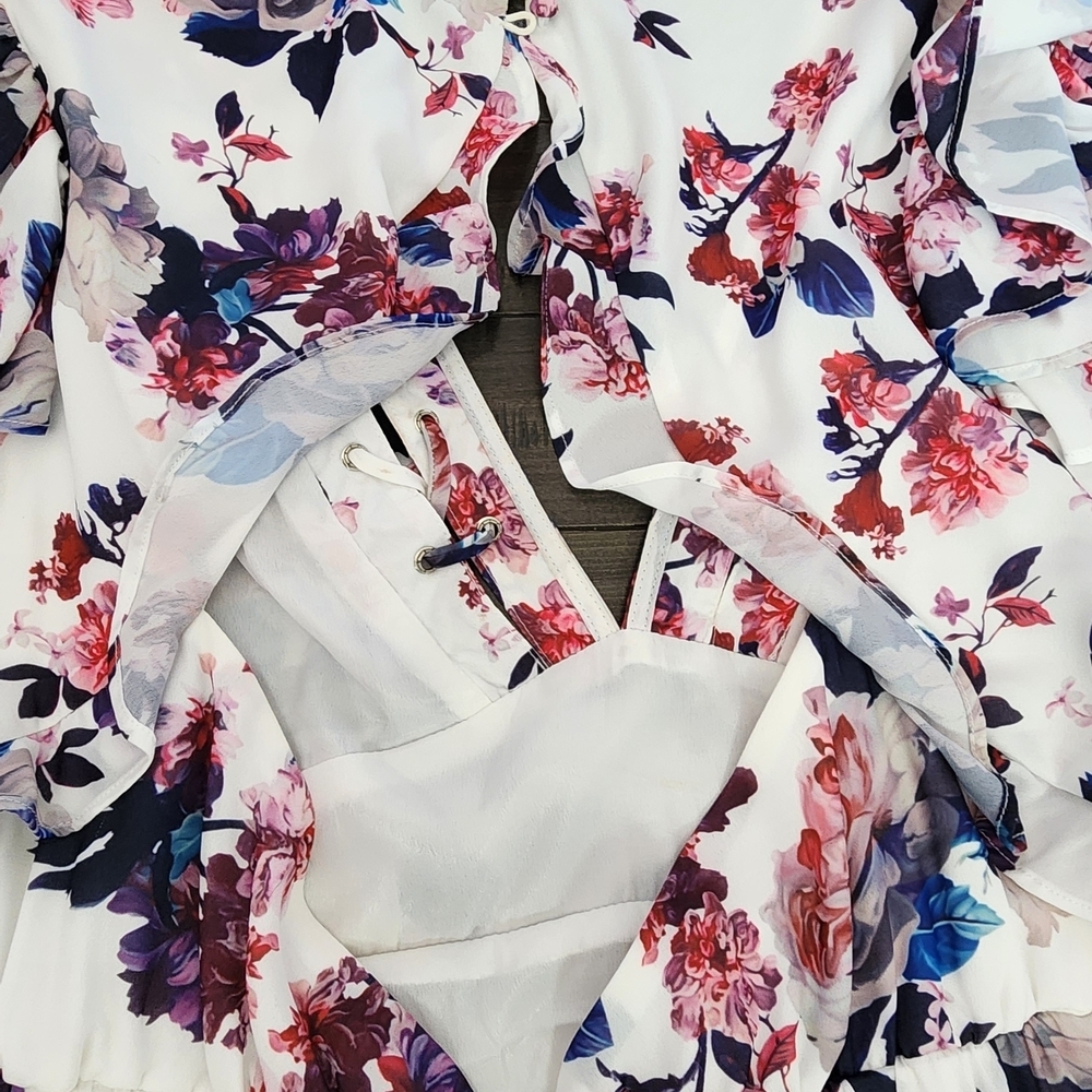 White Floral Ruffle Mini Dress - Picture 3 of 10